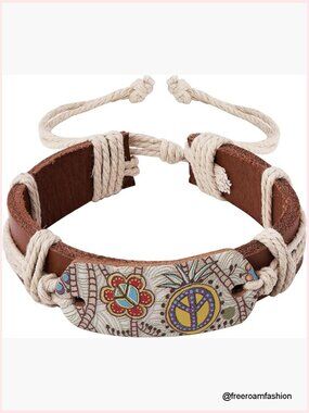 Adjustable Braided Leather Bracelet with Floral Peace Sign Charm